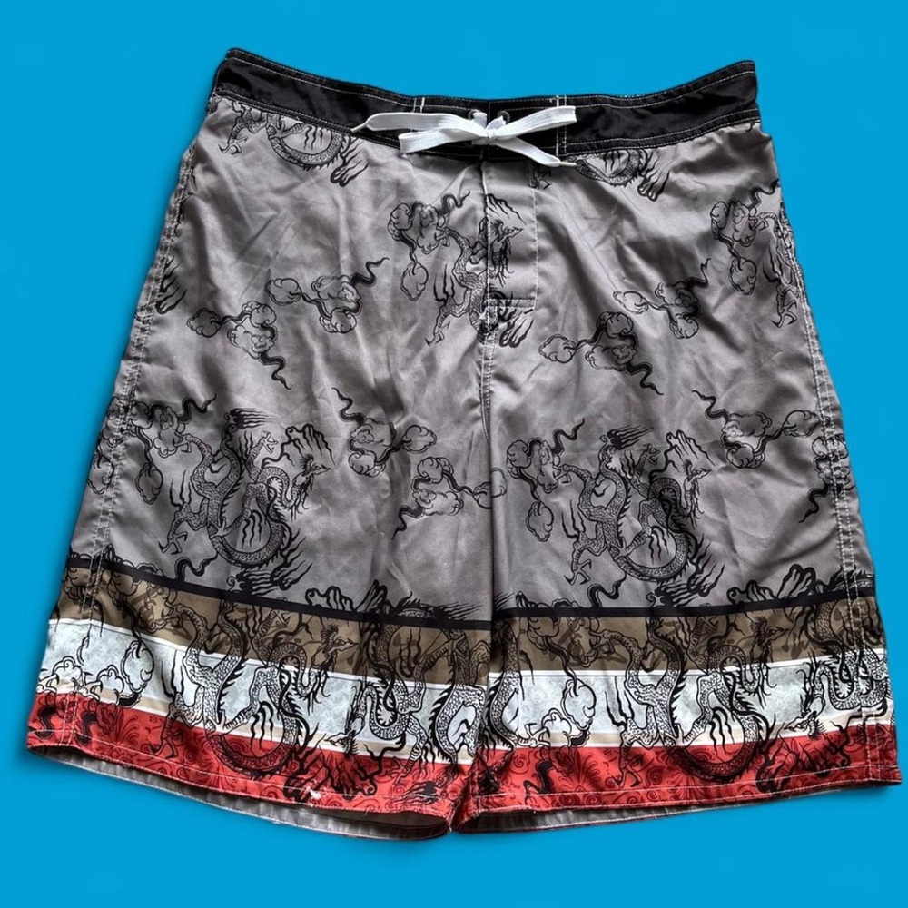 Dunlop Vintage Y2K Dragon Print Block Stripe 9’ Swim Shorts Mens Large